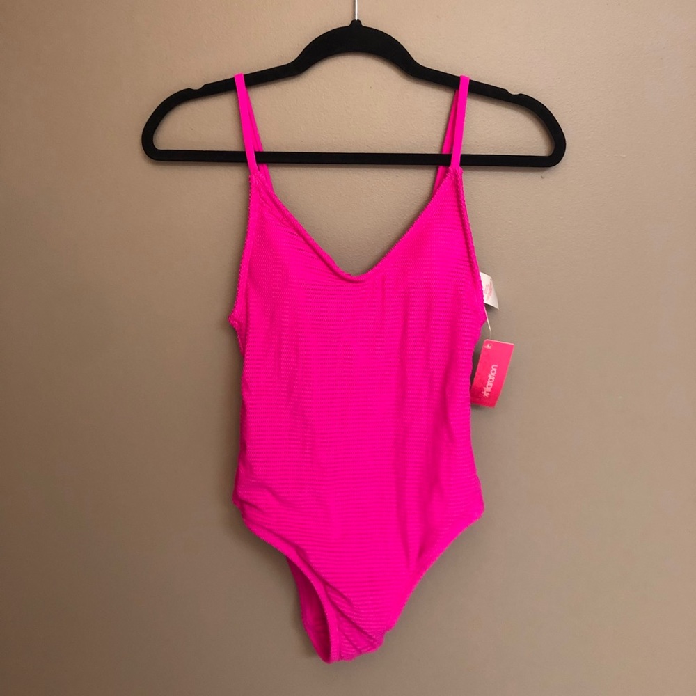 bright pink ribbed one piece swimsuit